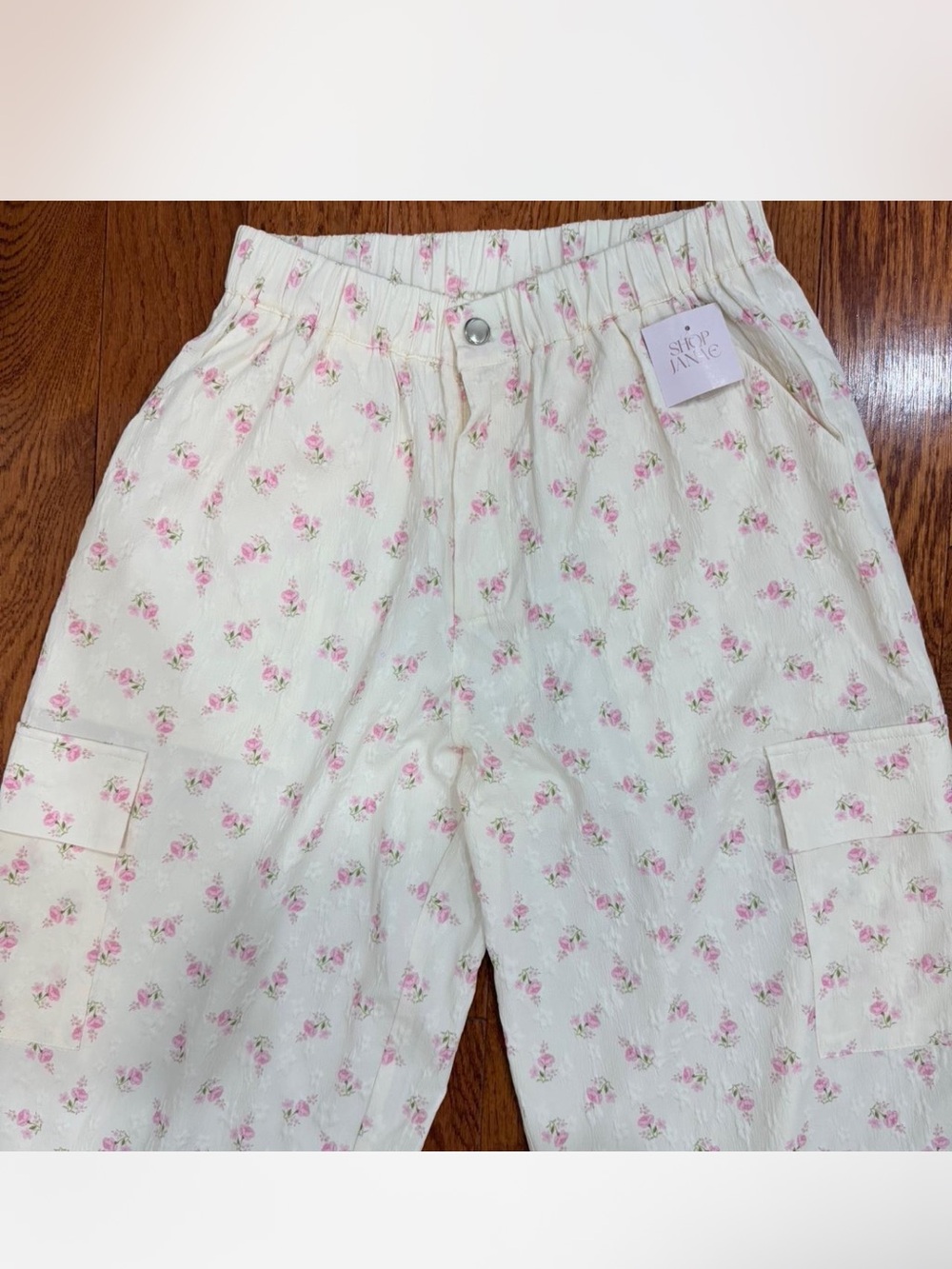 Floral Pink Rose Print Cream Pants